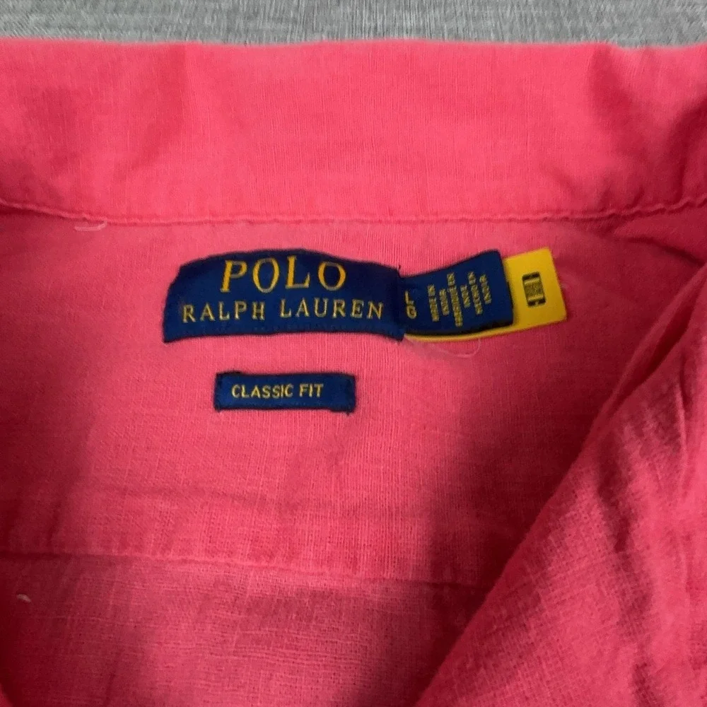 Polo Ralph Lauren Shirt Mens Large Pink Linen Short Sleeve Button Up Classic Fit